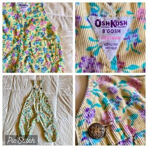 Vtg 90s OshKosh BGosh USA Made Floral Corduroy Vestbak Overalls Size 24mo Yellow